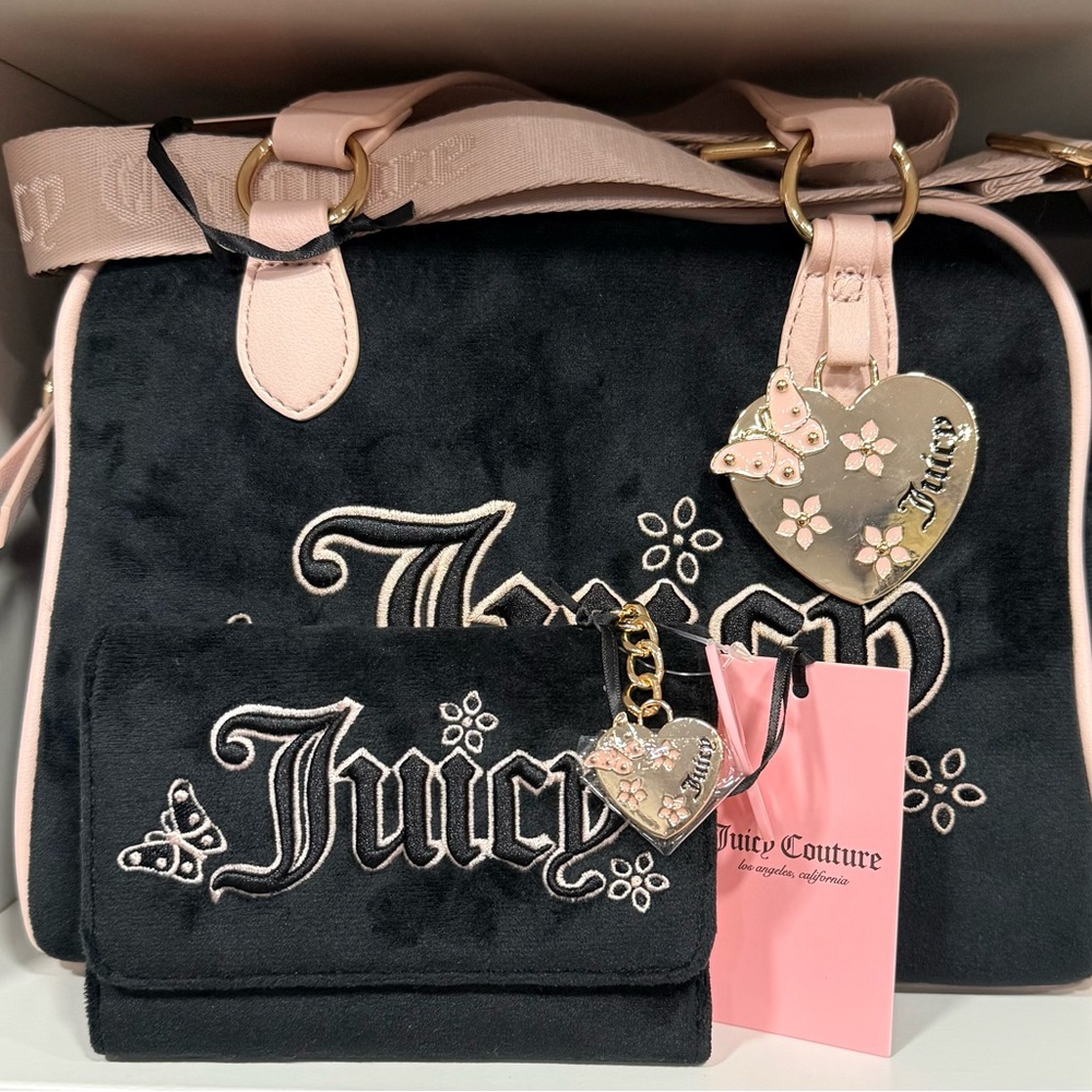 Juicy Couture Black Velour Satchel with Light Pink Trim & Heart Charm